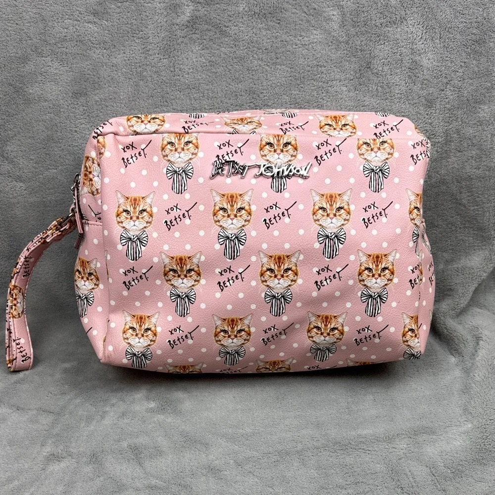 Betsey Johnson XOX Pink Kittens Striped Bowties Make-Up Cosmetics Toiletries Bag